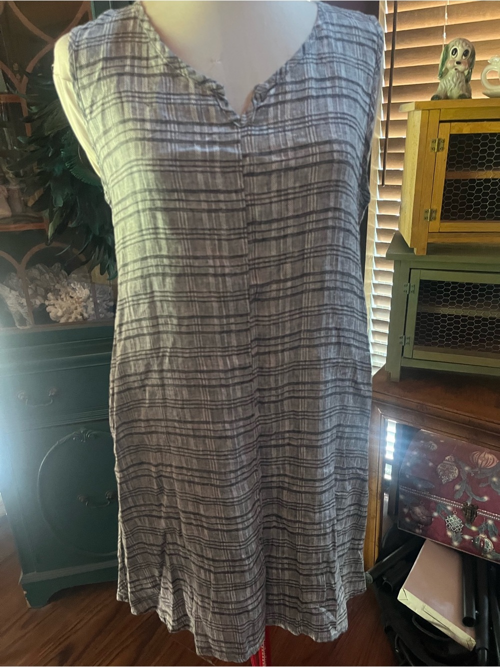 Flax Designs women’s linen Sleeveless Black/Gray Plaid Tunic dress medium